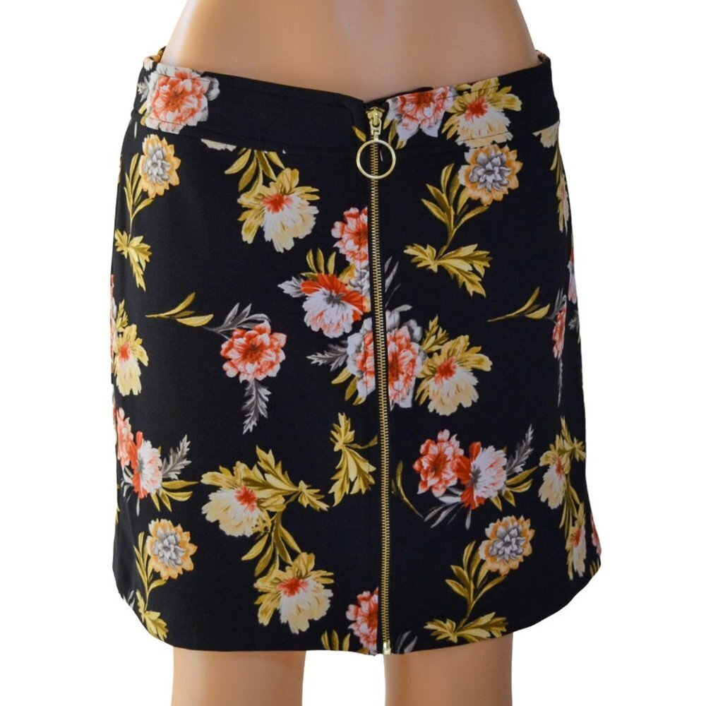 INC Women Zip-Front Mini Skirt Yellow Peach White Floral Pattern on Black Size L - Picture 2 of 9